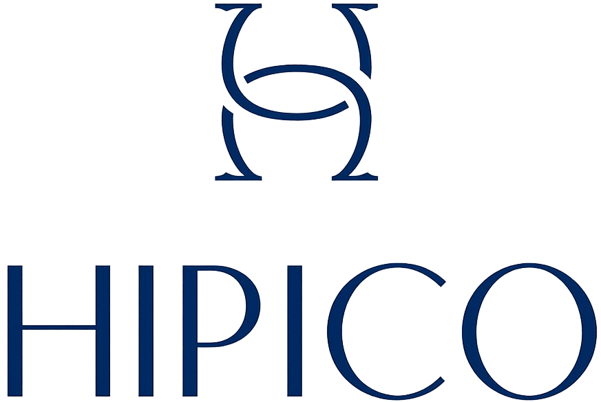 A dark blue logo featuring an abstract circular emblem above the word “HIPICO” in uppercase serif letters.