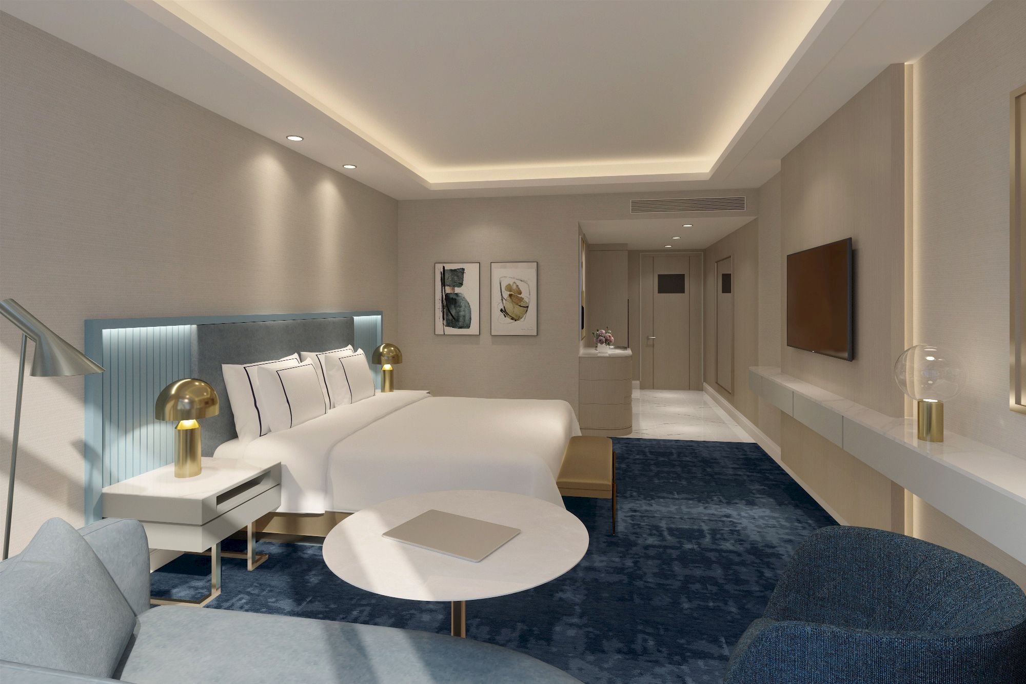 The image shows a modern hotel room with a bed, sofa, table, and TV, featuring elegant lighting and decor on walls.