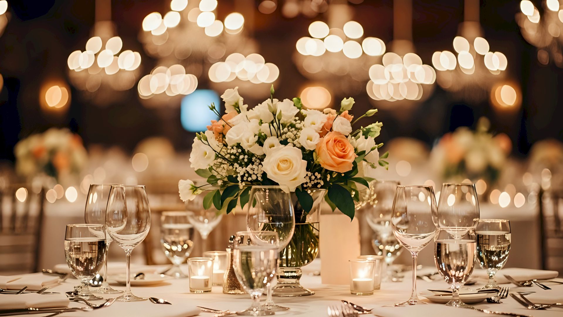 A romantic banquet table with a flower centerpiece of roses, gold-rimmed glasses, and warm candlelight in a softly lit setting.