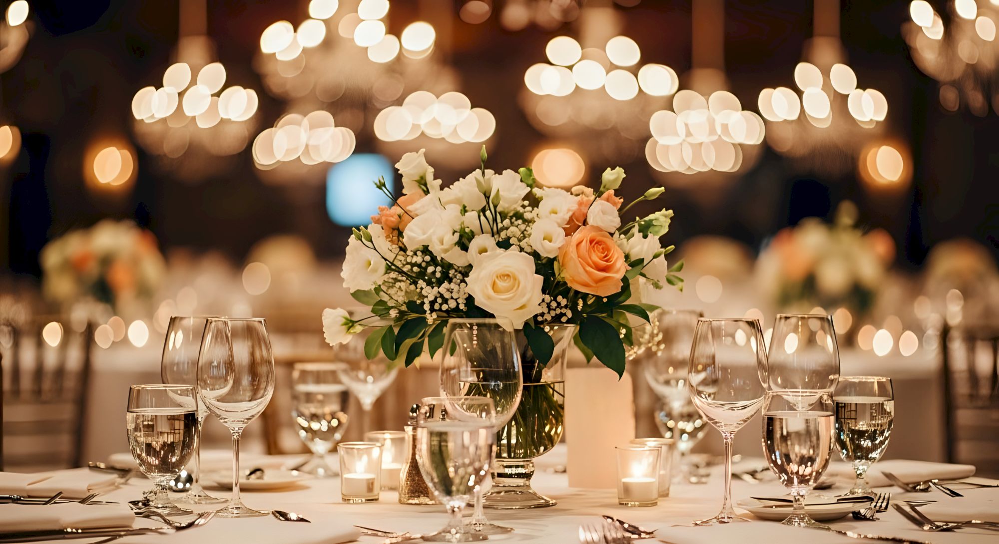 A beautifully set table with floral centerpiece, surrounded by elegant glassware and softly lit chandeliers in the background.