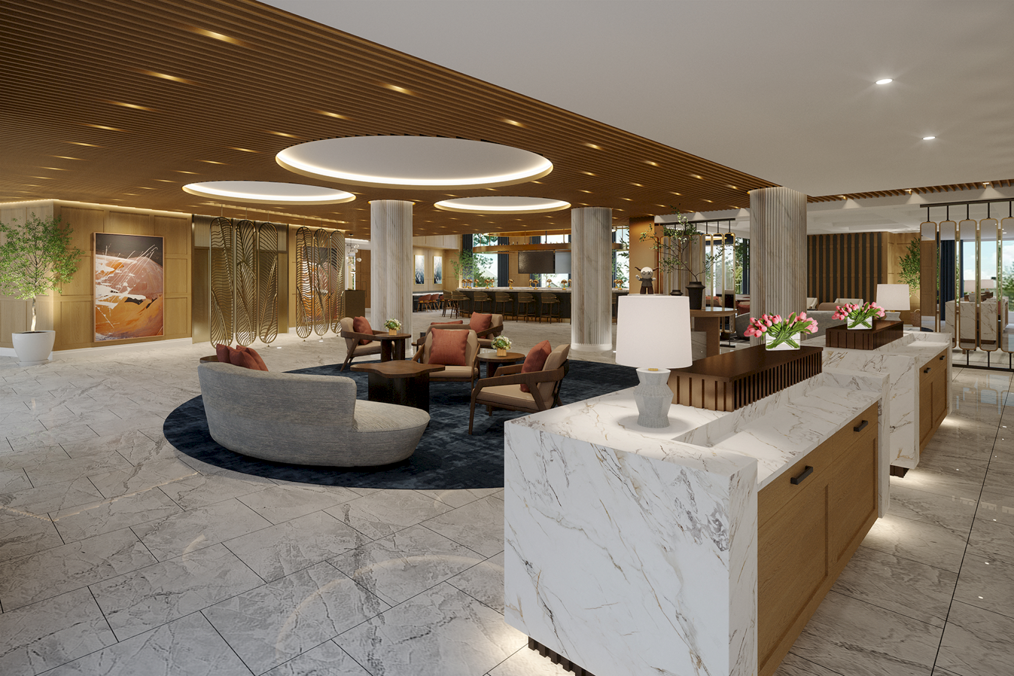The image shows a modern, elegant hotel lobby with seating areas, decorative lighting, and marble surfaces, creating a luxurious atmosphere.