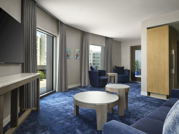 Modern living room with blue carpet, curtains, sofas, round coffee tables, and a large TV near sliding glass doors.