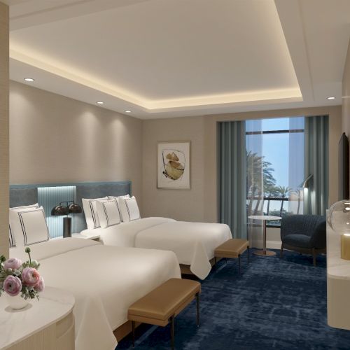 The image shows a modern hotel room with two beds, a large window, a TV, and seating area, adorned with soft lighting and neutral tones.