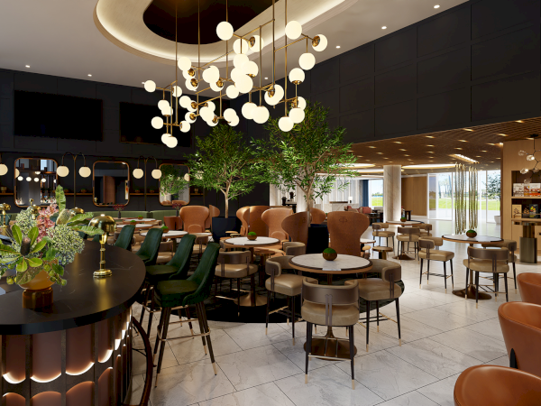 A modern, elegant restaurant with stylish seating, ambient lighting, and greenery, featuring an inviting atmosphere and contemporary decor.