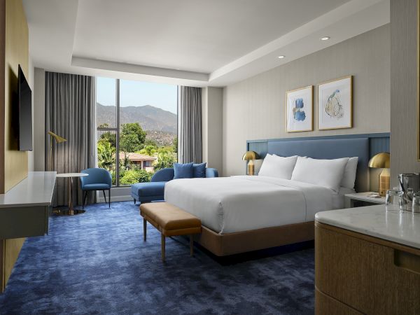 King guest room at Hilton Arcadia Pasadena Area with San Gabriel Mountain views