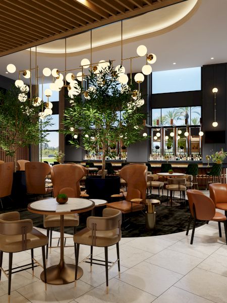 A stylish cafe or hotel lobby with warm lighting, wooden accents, tufted chairs, round tables, and potted plants by large windows, inviting and modern.