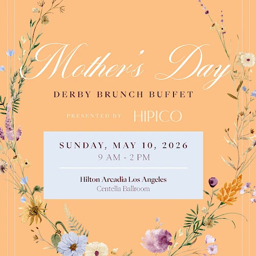 Mother&rsquo;s Day Derby brunch invite with floral wreath on peach background; Gillico text: &ldquo;Mother&rsquo;s Day&rdquo;, event details in a light blue box.