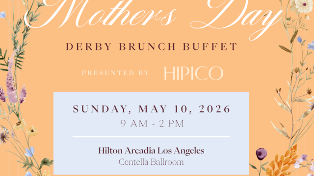 Mother&rsquo;s Day Derby brunch invite with floral wreath on peach background; Gillico text: &ldquo;Mother&rsquo;s Day&rdquo;, event details in a light blue box.