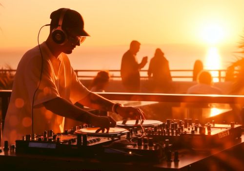 A DJ wearing headphones tunes turntables at sunset on a beach club, with silhouettes dancing and a warm orange glow. Ends with a period.